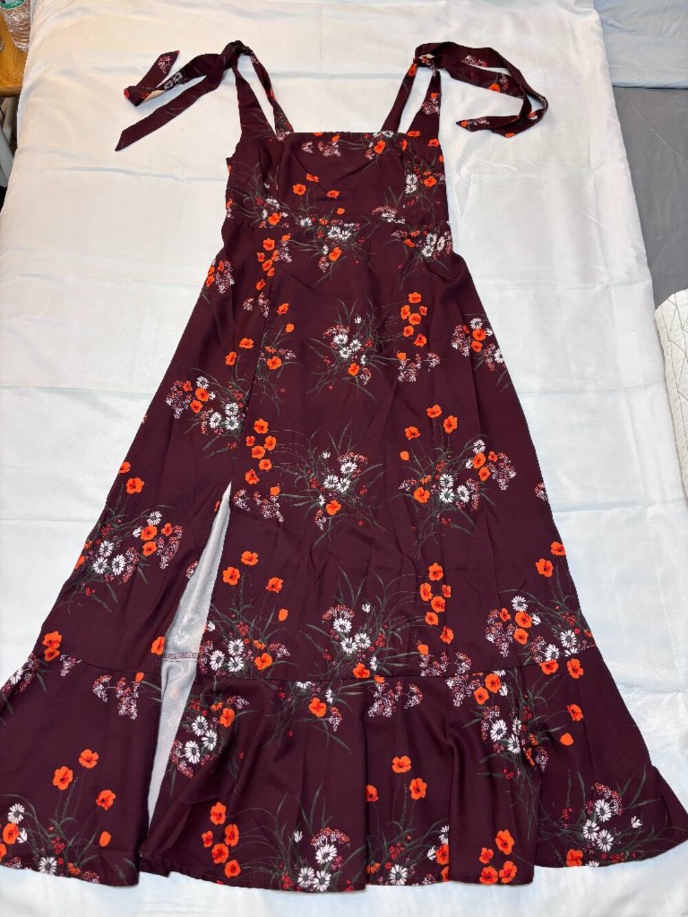 Burgundy Floral Tie Strap Midi Dress Size Medium Smocked Back Ruffle Hem Cottage
